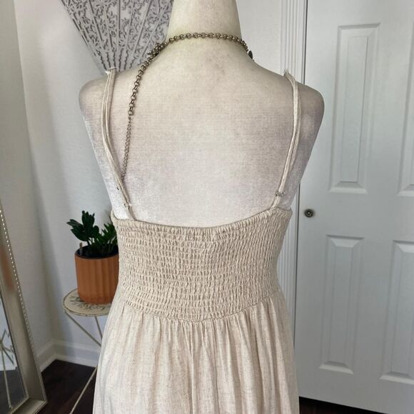 Nude Cream Linen Rayon Blend Romantic Cottage Core Linen Tiered Midi Dress S - Picture 5 of 8